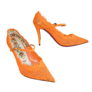 GUCCI Orange Virginia 95 mm Lace Pumps Mary Jane Pointed Toe Women's EU 37 US 7